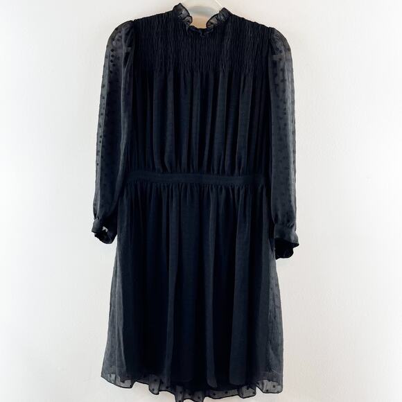 Rebecca Taylor 3/4 Sheer Sleeves Clip Dot Mini Dress Black 8 - Picture 2 of 10